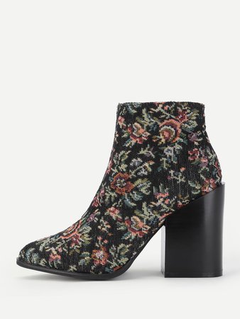 Calico Print Block Heeled Ankle Boots
