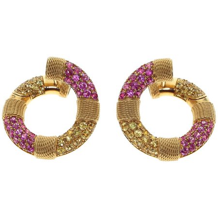 Yellow and Pink Sapphire 18 Karat Yellow Gold Lifebuoy Earring by Mousson Atelier