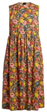 Floral Print Cotton Poplin Midi Dress - Womens - Pink Multi