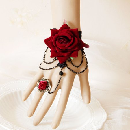 Gothic Red Rose Vintage Black Lace Bracelet