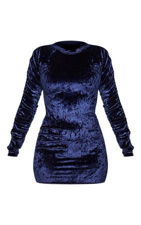 Navy Velvet Ruched Sleeve High Neck Bodycon Dress | PrettyLittleThing