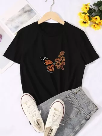 Butterfly & Floral Graphic Tee | SHEIN USA black
