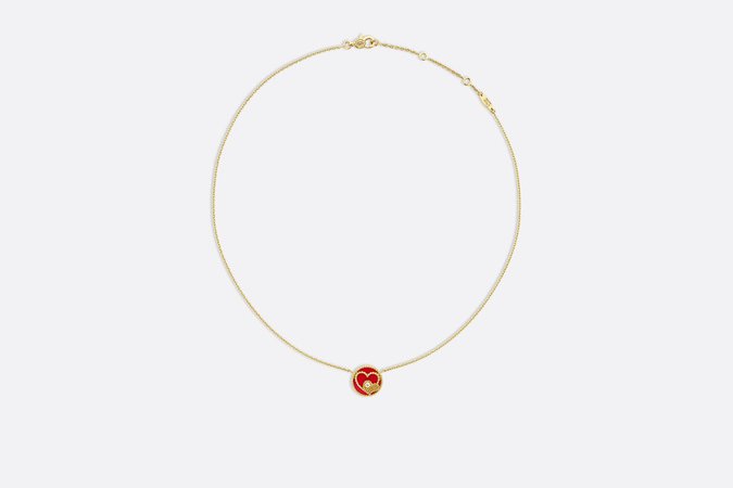 Rose des Vents Necklace with Heart Motif Yellow Gold, Diamond and Red Ceramic