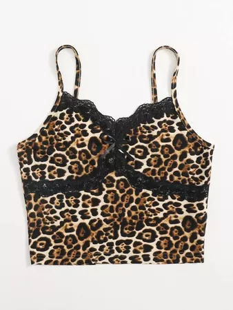 brown Cheetah Print Contrast Lace Cami Top | SHEIN USA