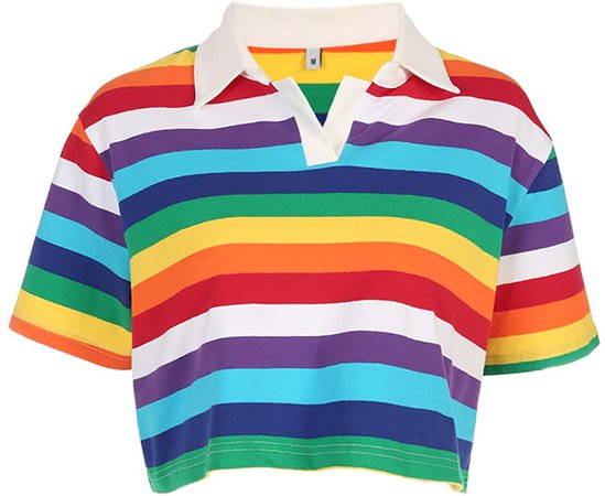 Women Rainbow Stripes Printed T-Shirt Korean Style Turn-Down Collar Crop Tops (Rainbow, L) at Amazon Women’s Clothing store