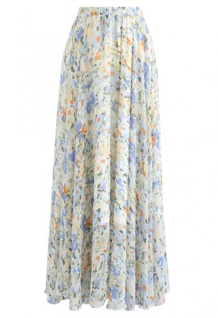 Abstract Watercolor Chiffon Maxi Skirt - Skirt - BOTTOMS - Retro, Indie and Unique Fashion