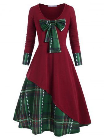 Plus Size Christmas Detachable Bowknot Plaid Dress | Green Bow
