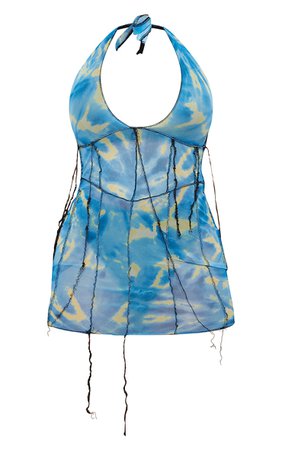 Shape Blue Tie Dye Sheer Mesh Halterneck Seam Detail Bodycon Dress | PrettyLittleThing USA