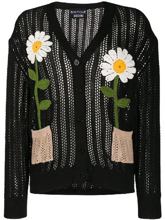 BOUTIQUE MOSCHINO Openwork Cardigan Daisy Embroidery In Black