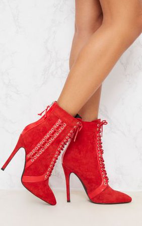 Red Lace Panel Pointed Heel Ankle Boot | PrettyLittleThing USA