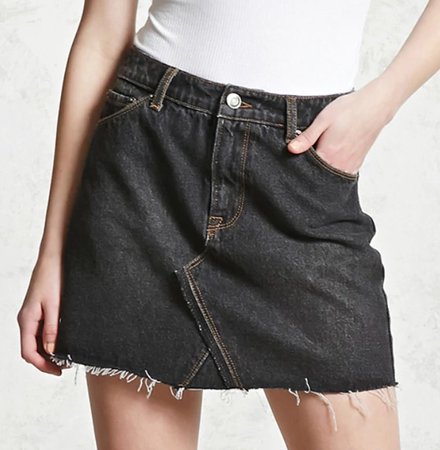 Raw Hem Black Denim A-Line Mini Skirt