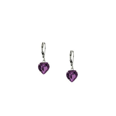 Silver Tone Amethyst Purple Swarvoski Crystal Heart Drop Earrings