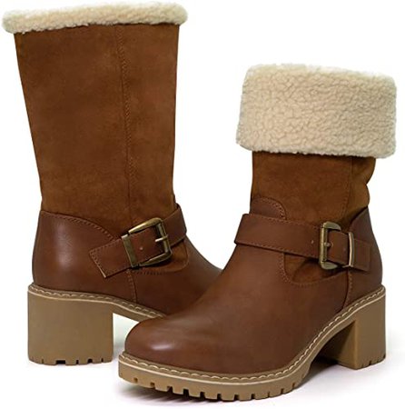 Amazon.com | katliu Women's Fashion Mid Calf Boots Foldable Warm Boots Fur Winter Boots with Chunky Heel | Snow Boots