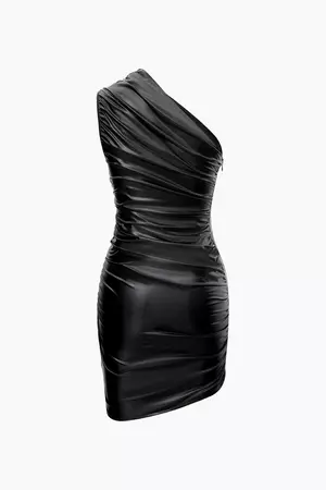Faux Leather Asymmetric Ruched Mini Dress – Micas