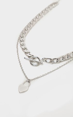 SILVER CHUNKY CHAIN T BAR AND HEART PENDANT LAYERING NECKLACE