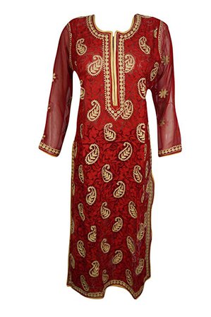 Mogul Interior Women's Georgette Red Tunic Hand Embroidered Long Sleeve Ethnic Kurti M at Amazon Women’s Clothing store: