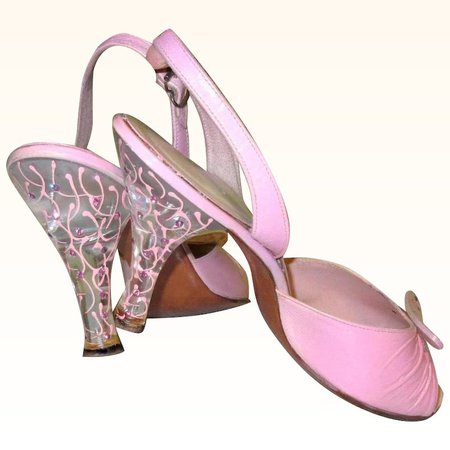 Lucite High Heels, Rhinestones, Pink Leather, 1950’s Vintage Open Toe : Lake Girl Vintage | Ruby Lane