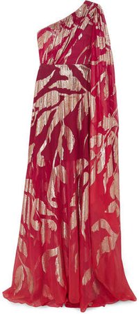 One-shoulder Fil Coupé Silk-blend Georgette Gown - Crimson