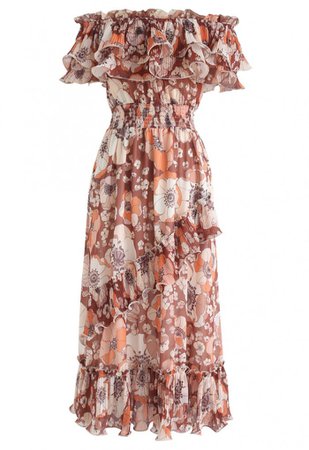 Blooming Floral Off-Shoulder Dress in Coral - NEW ARRIVALS - Retro, Indie and Unique Fashion