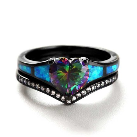 Mystic Topaz Blue Opal Black Engagement Ring For Women-VANCARO