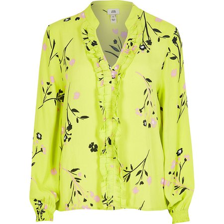 Lime floral frill front V neck blouse | River Island