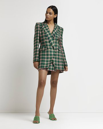 Green checked boucle double breasted blazer | River Island