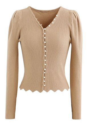 Pearls V-Neck Fitted Knit Top in Tan - Retro, Indie and Unique Fashion