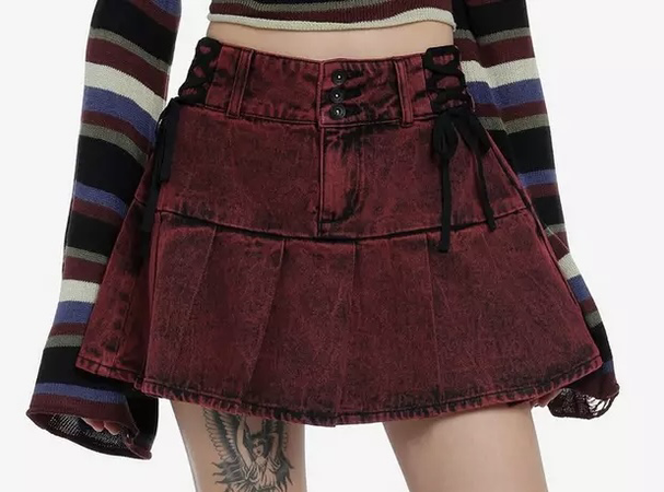 red denim mini skirt with black lace sides