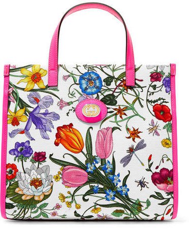 Flora Medium Leather-trimmed Printed Canvas Tote - Pink
