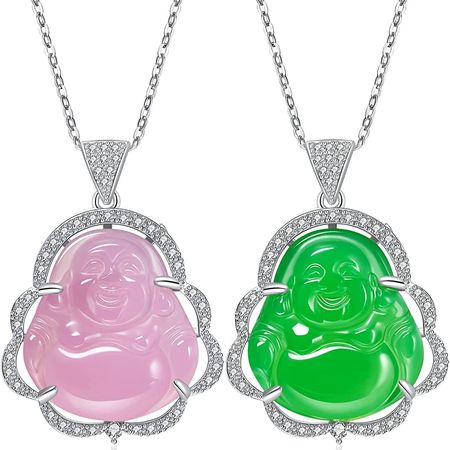 2 Pieces Buddha Necklace Buddha Pendant Chain Jade Smiling Buddha Bling Necklace Dainty Amulet Jewelry For Women Men (Green Pink Jade with Silver Necklace) | Amazon.com