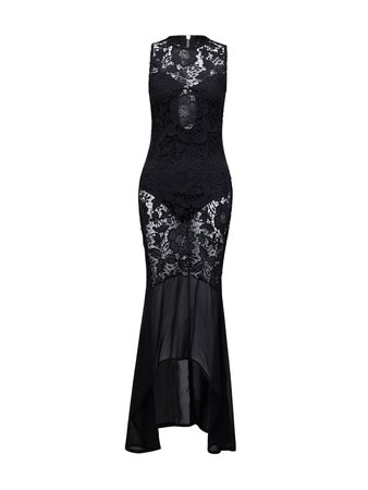Black Sheer Lace Maxi Fishtail Dress And Bodysuit Lining | abaday