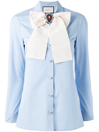 Light blue white bow w/ jewel accessory button up shirt