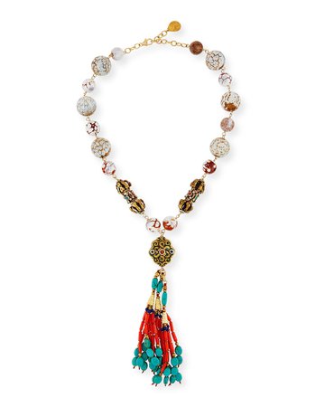 Devon Leigh 22" Beaded Coral & Turquoise Tassel Necklace