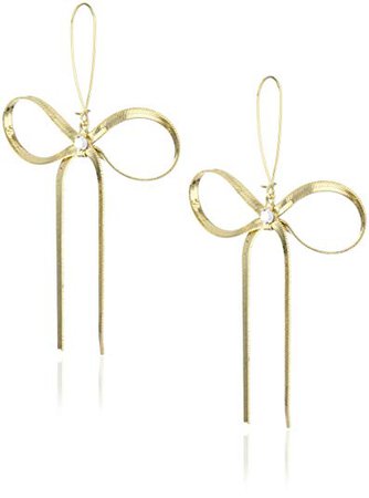 Betsey Johnson Large Gold Textured Bow Drop Earrings: Jewelry