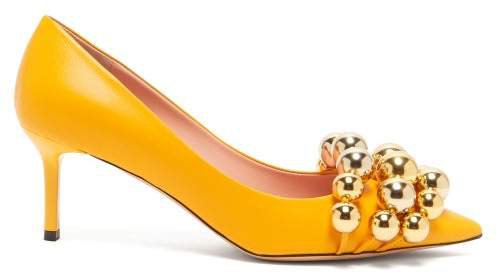 Beaded Point-toe Leather Pumps - Womens - Yellow Gold