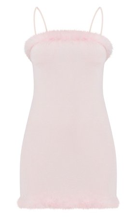 PRETTYLITTLETHING PALE PINK SLINKY FEATHER TRIM BODYCON DRESS