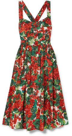 Pleated Floral-print Cotton-blend Poplin Midi Dress - Red