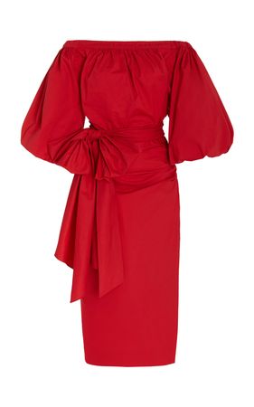 Off-The-Shoulder Puff-Sleeve Cotton-Blend Midi Dress By Carolina Herrera | Moda Operandi
