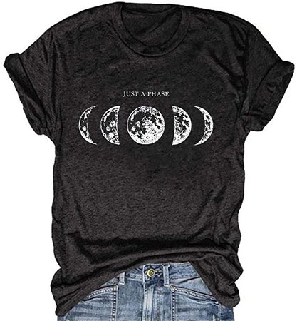 Amazon.com: Karuina Women's Summer JUST A Phase Moon Pattern Printed O-Neck Loose Short-Sleeved T-Shirt Tops (S, Dark Gray) : Clothing, Shoes & Jewelry
