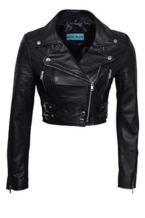 Women's Chic Black Cropped Leather Biker Jacket 14 at Amazon Women's Coats Shop