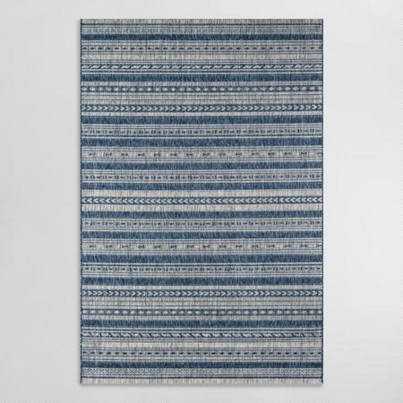 Blue and Ivory Geometric Stripe Lucca Indoor Outdoor Rug | World Market