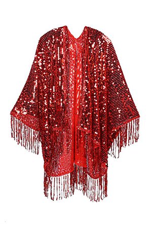 Disco Sequin Kimono Festival Fashion Shawl for Rave, Club, Beach, Swimwear (Red w/Tassels) at Amazon Women’s Clothing store:
