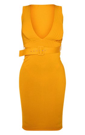 Bright Orange Rib Belted Midi Dress | Dresses | PrettyLittleThing USA