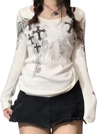 Women Y2K Long Sleeve Patchwork Lace Square Neck Crop Top Tshirt Slim Fit Harajuku Vintage Streetwear Blouse Tops at Amazon Women’s Clothing store