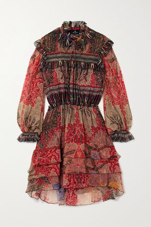 Red Ruffled printed silk-crepon mini dress | Etro | NET-A-PORTER