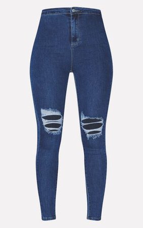 Plt Mid Blue Knee Rip 5 Pocket Skinny Jean | PrettyLittleThing
