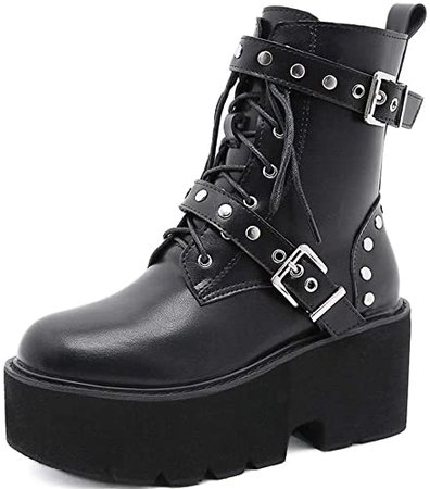 Amazon.com | CYNLLIO Fashion Wsdges Heel Platform Combat Ankle Booties Women's Lace up Studded Motorcycle Boots Mid Calf Goth Boots | Ankle & Bootie
