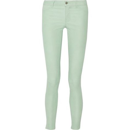 J Brand Stretch-leather skinny pants ($265) ❤ liked on Polyvore featuring pants, mint, green skinny pants, skinny stretch pants, low rise p… | Pants, Leather trousers, Faux leather pants