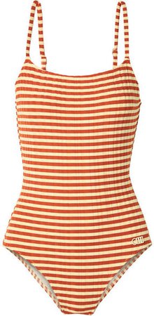 The Nina Striped Ribbed Swimsuit - Brick