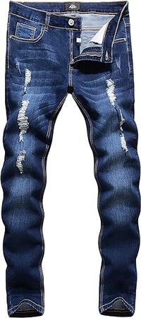 ZLZ Blue Ripped Distressed Jeans for Men Slim Fit, Men's Fashion Design Destroyed Jeans Pants with Holes